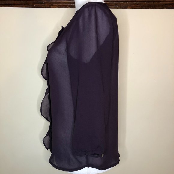 H&M 3/4 Sleeve Purple Sheer Ruffle Front Blouse - Picture 2 of 10